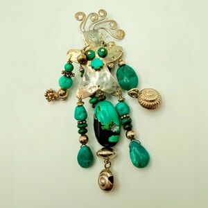 Vintage Native American Navajo Sterling Silver Turquoise Signed Goddess Brooch